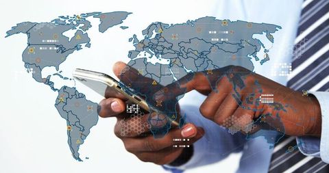 Business professional tapping smartphone with global data overlay and network analytics