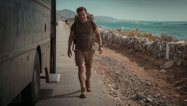 Backpacker walking along rugged mediterranean coastal road passing bus with open door