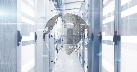 3D Digital Globe with Data Overlays in Modern Server Room