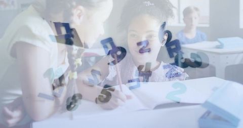Young girl writing in classroom with floating numerals overlay representing math learning