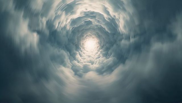 Swirling cloud vortex converging toward radiant central light with spiral motion blur