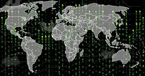 World Map on Digital Interface with Green Binary Code