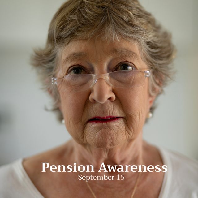 Digital composite close-up portrait of caucasian senior woman with pension awareness text. Importance of pension, savings, raise awareness, financial wellbeing, retirement planning.