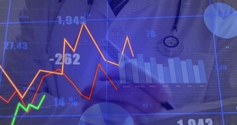Doctor analyzing healthcare data with overlaps of financial graphs