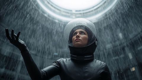 Standing woman astronaut raising gloved hand feeling rain on dome helmet under skylight