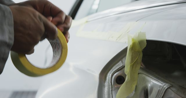 Professional repairing car with masking tape in workshop - Download Free Stock Images Pikwizard.com