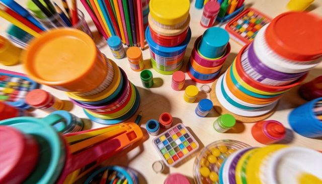 Vibrant craft supplies top view with stacked paint jars, colored pencils, palette and beads