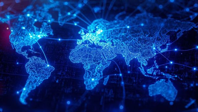 Glowing Digital World Map Illustrating Global Connectivity and Data Flow