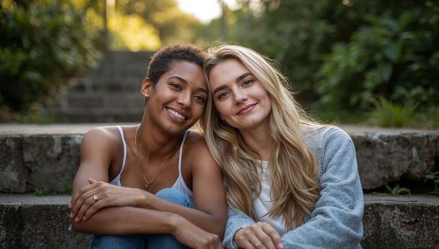 Sunlit friendship portrait of two women leaning heads together on stone steps showing jewelry
