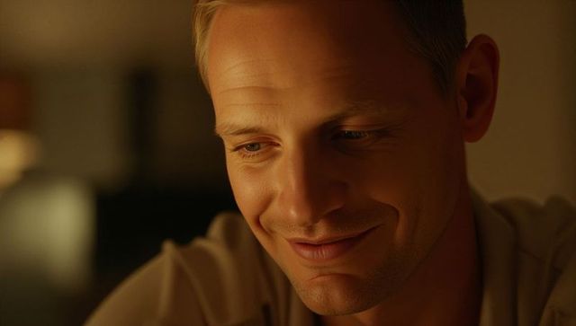 Smiling man gazing downward in warm living room glow intimate portrait headshot