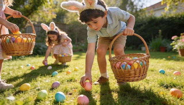 Children hunting colorful easter eggs in sunlit backyard garden with wicker baskets