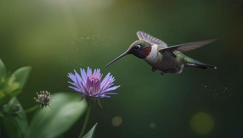 Iridescent green hummingbird hovering at purple daisy, pollen dust and soft bokeh