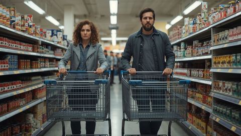 Two adults pushing empty shopping carts down supermarket aisle among stocked shelves