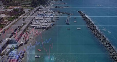 Coastal marina breakwater with moored boats and beachgoers overlaid with financial charts