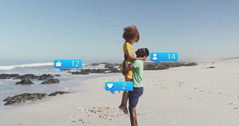 Joyful Couple Embracing at Coastal Shoreline with Social Media Icons