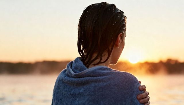 Woman wrapped in towel watching sunrise over misty lake at dawn