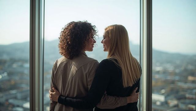 Intimate urban embrace by high-rise window overlooking city skyline