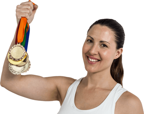Smiling Female Athlete With Gold Medals on Transparent Background