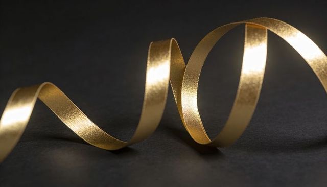 Shiny Gold Curling Ribbon Looping on Dark Background for Celebration and Gift Wrapping