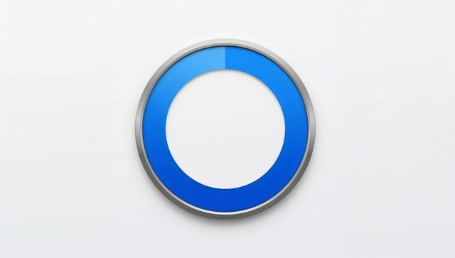 Minimalist metallic blue ring emblem with glossy gradient and silver rim on white wall