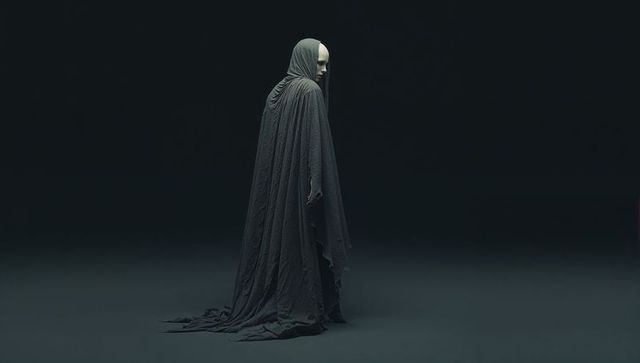 Hooded Figure in Flowing Shroud Standing in Dark Minimal Studio with Pale Masked Face