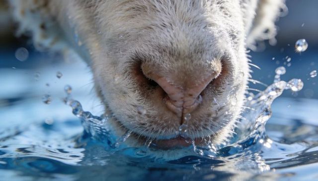 Sunlit sheep muzzle drinking water close-up with splashing droplets and wet whiskers