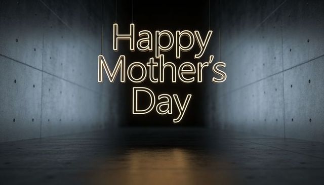Glowing neon happy mother's day sign hanging in minimalist concrete hall with reflection