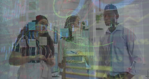 Diverse Team Collaborating with Secure Data Visualization Overlay