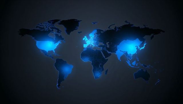 Neon blue world map technology dashboard showing glowing hotspots and country borders