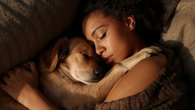 Cuddling golden retriever and woman on sofa embracing quiet nap and warmth