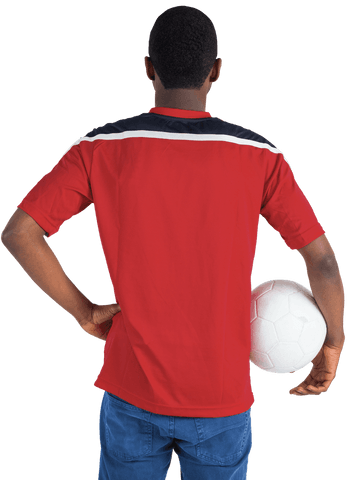 Transparent Soccer Enthusiast in Red Jersey Holding Ball