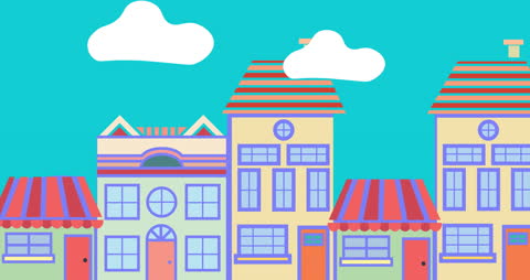 Colorful Cartoon Cityscape Animation with Bright Skies