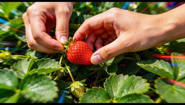 Hands harvesting ripe red strawberry from garden patch with fresh green leaves
