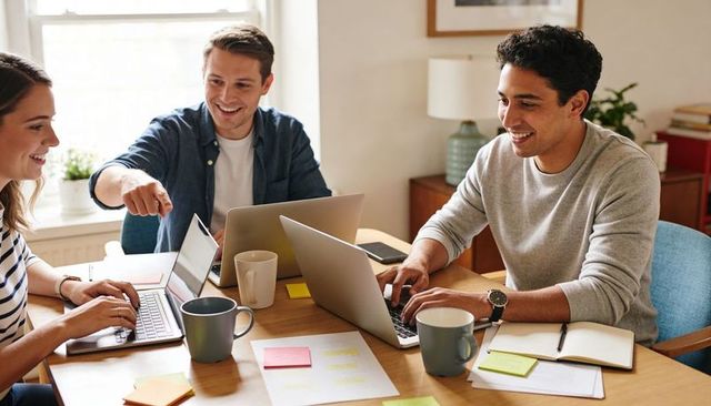 Collaborative team working on laptops at wooden table in bright home office