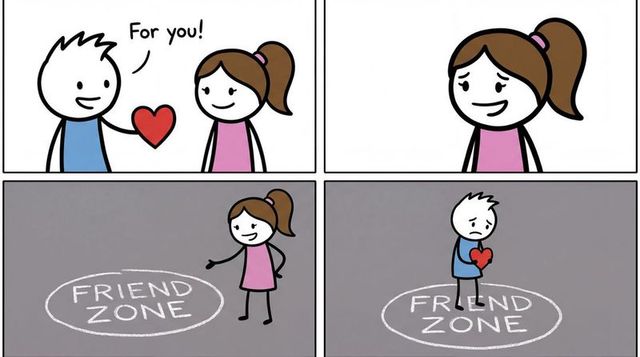 Handing heart and getting friend zoned: four-panel cartoon about unrequited love