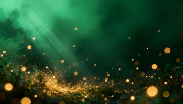 Glittering emerald forest trail scattering golden bokeh and sparkling particle glow
