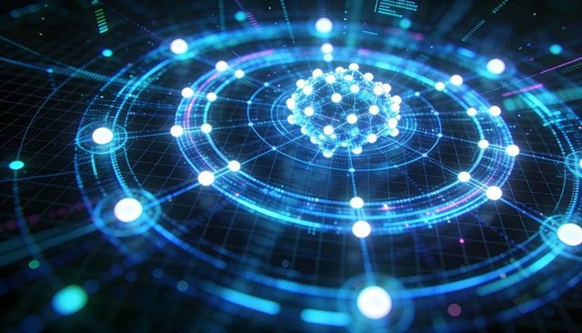 Holographic neural network core pulsing above digital grid with glowing concentric rings