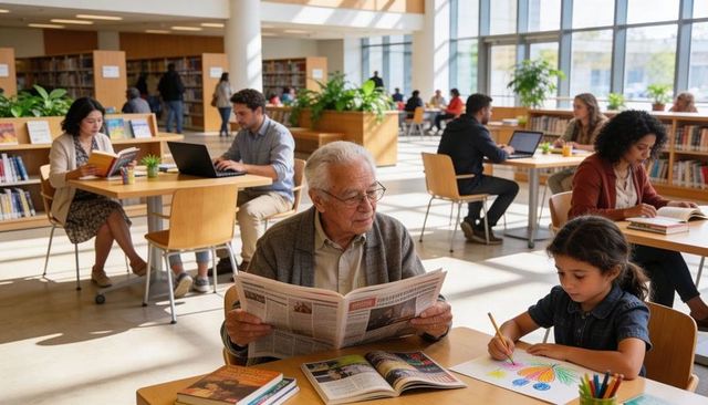 Intergenerational learning in sunlit library senior reading newspaper while child coloring