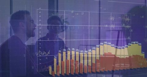 Business analysts studying 3d financial data visualization in glass conference room