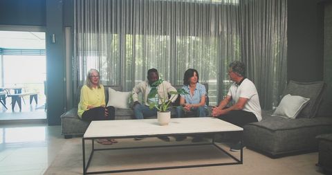 Diverse seniors enjoying conversation at home