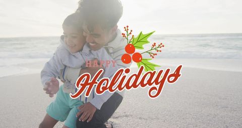 Father and Son Celebrating Holidays at Beach