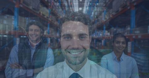 Business Team with Data Overlay Illustrating Global Shipping Concepts