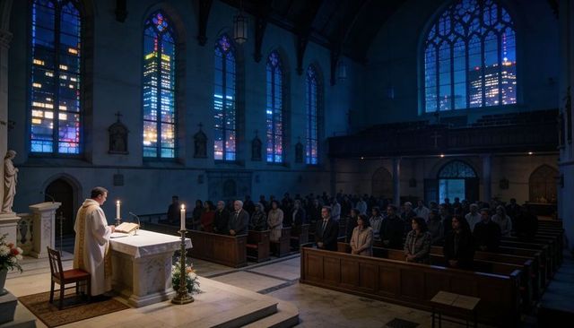 Candlelit midnight mass with urban skyline through stained glass, priest leading service