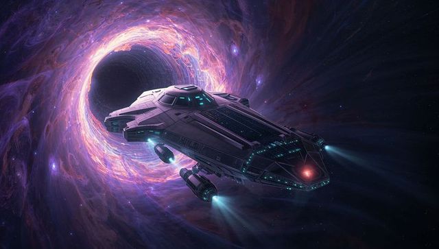 Futuristic spacecraft navigating through cosmic wormhole