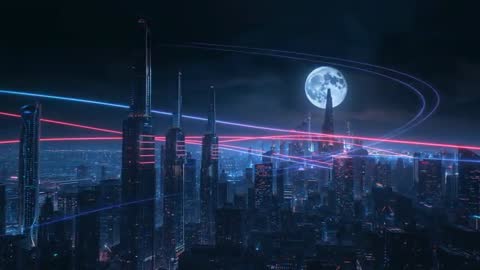 Futuristic Neon Skyscrapers Beneath Full Moon in Cyberpunk Cityscape