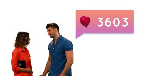 Couple engaging happy conversation with social media likes