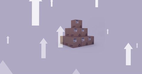 Stacked cardboard boxes on purple with upward arrows symbolizing growth and inflation