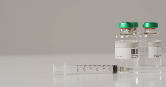 Image of close up of vaccine vials on white background. global medicine and healthcare concept.