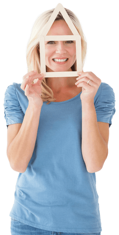 Smiling Woman Holding House Frame on Transparent Background