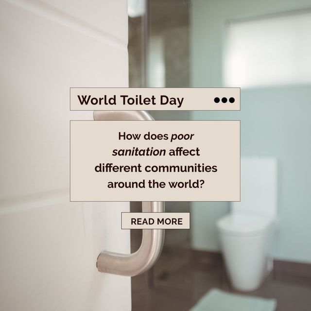 Digital composite image of world toilet day text with question by door handle in bathroom. Copy space, raise awareness, safely managed sanitation, hygiene, public health, promote basic sanitation.